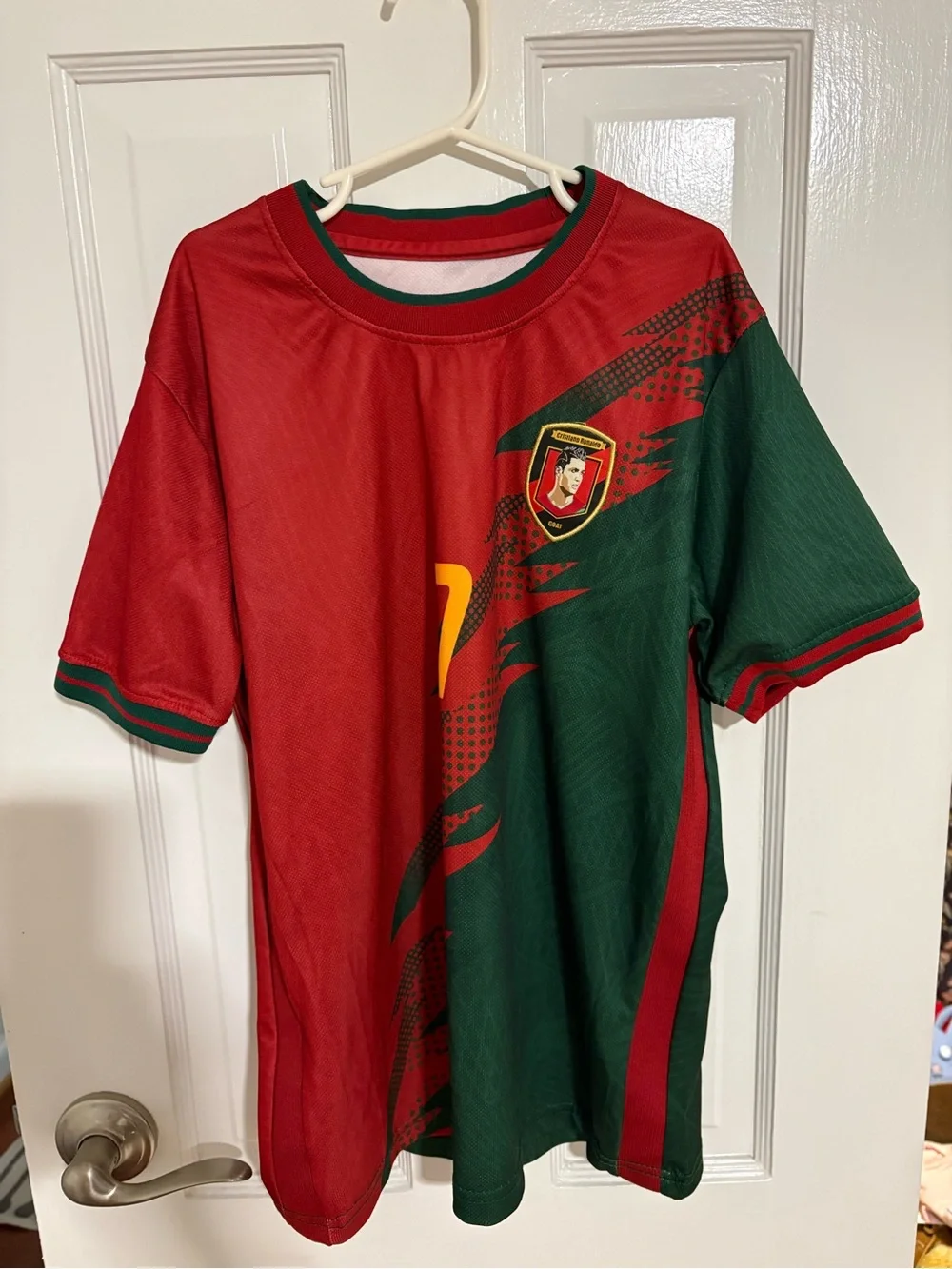 Ronaldo Red and Green Athletic Soccer Jersey & Shorts with Crest